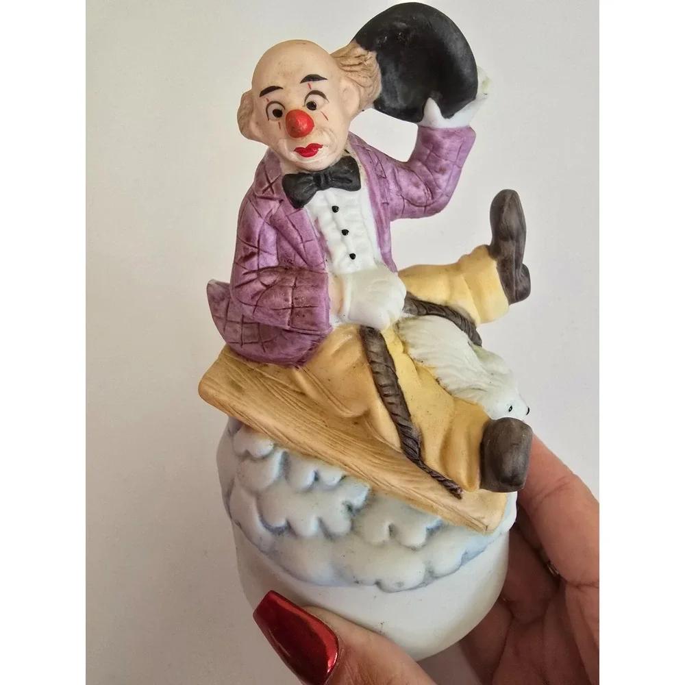 Vintage Porcelain‎ Sad Clown With Dog on Sled Music Box, Music Box Works